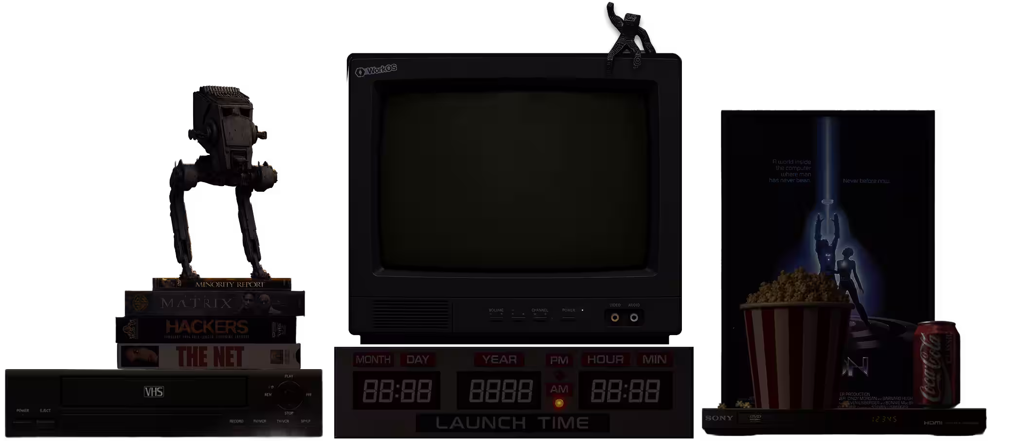 Retro media shelf with a CRT TV, launch countdown clock set to June 29, 2026, an AT-ST figurine, a TRON poster, VHS tapes, and movie-night snacks